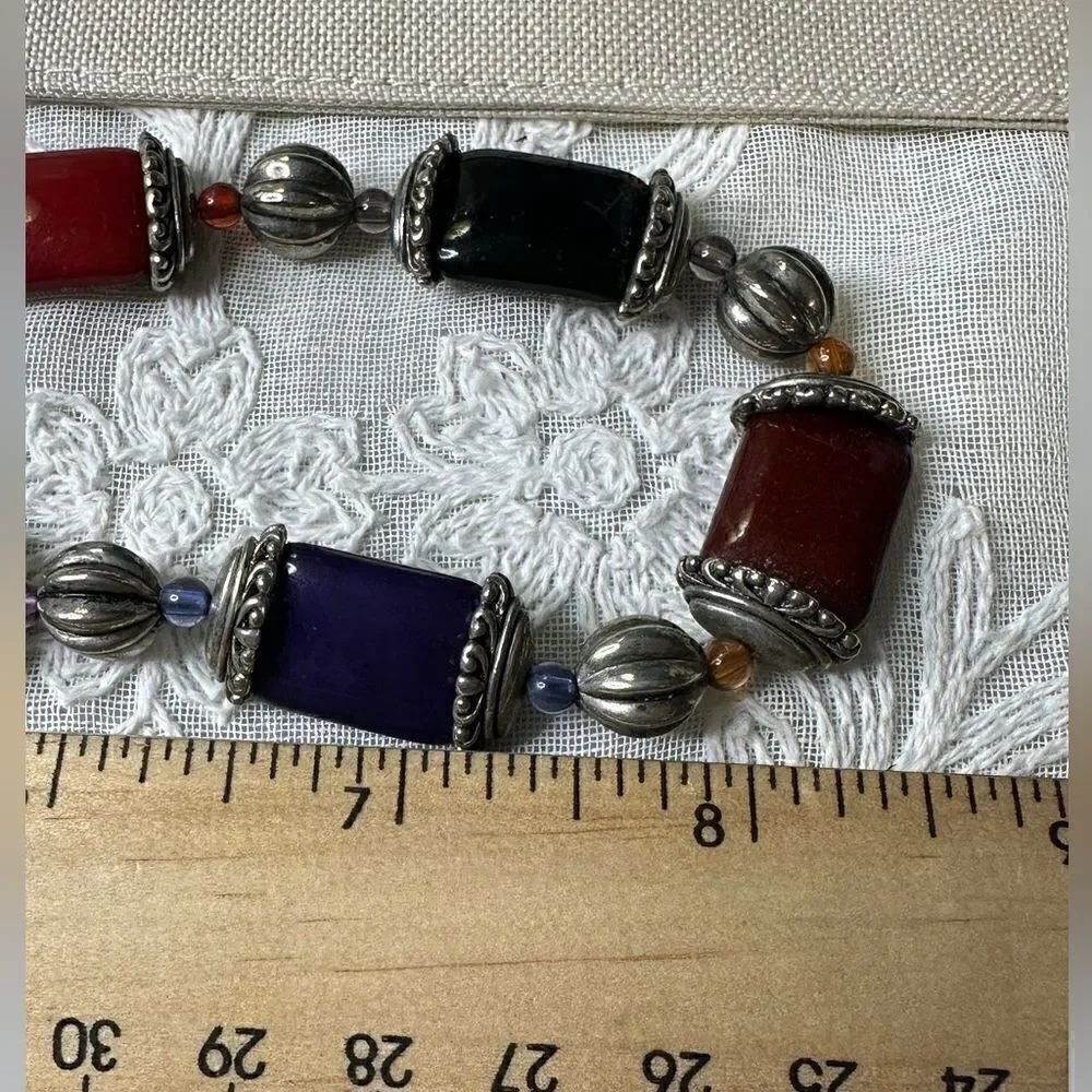 Multi Color Glass Statement Necklace Silver Tone - Picture 3 of 4
